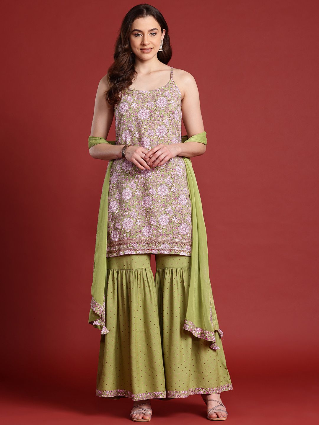 Anouk X Basant Bahaar Floral Printed A-Line Kurta With Sharara & Dupatta