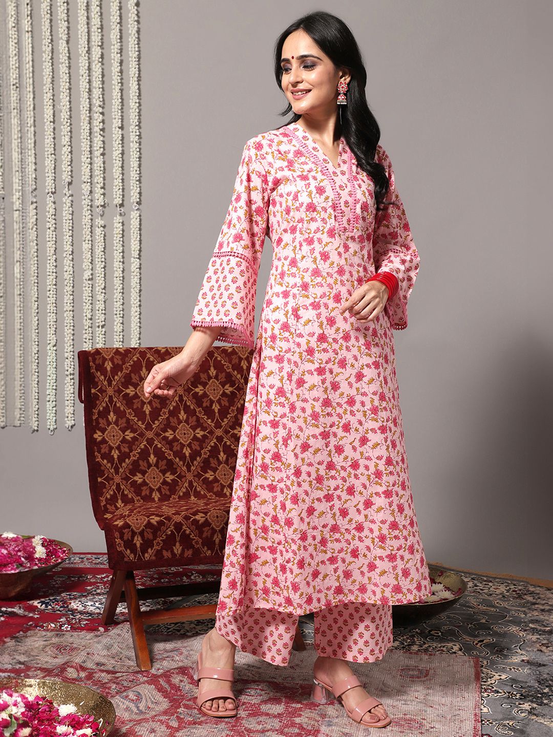 Varanga Floral Printed Pure Cotton A-Line Kurta With Trousers & Dupatta