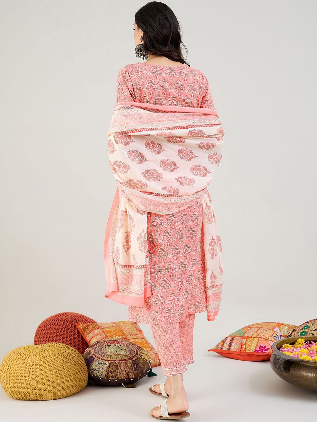 Indo Era Ethnic Motifs Printed Angrakha Pure Cotton Kurta With Trousers & Dupatta