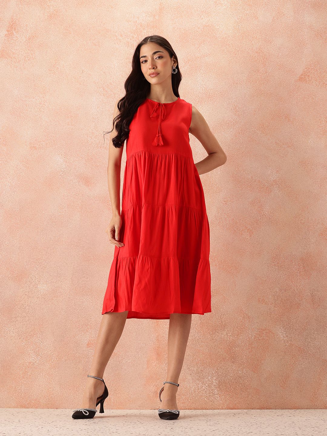 all about you Tie-Up Neck A-Line Tiered Midi Dress