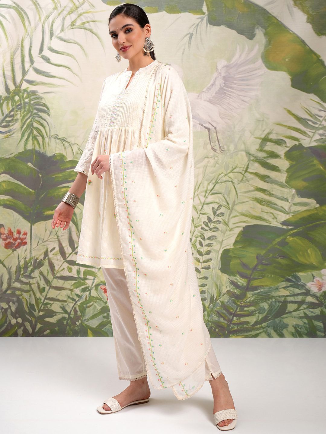 Vishudh Cream Coloured Mirror Work Pure Cotton A-Line Kurti With Trousers & Dupatta