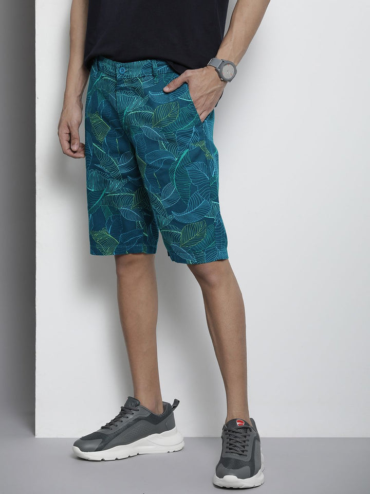 The Indian Garage Co Men Teal Blue & Green Printed Slim Fit Shorts