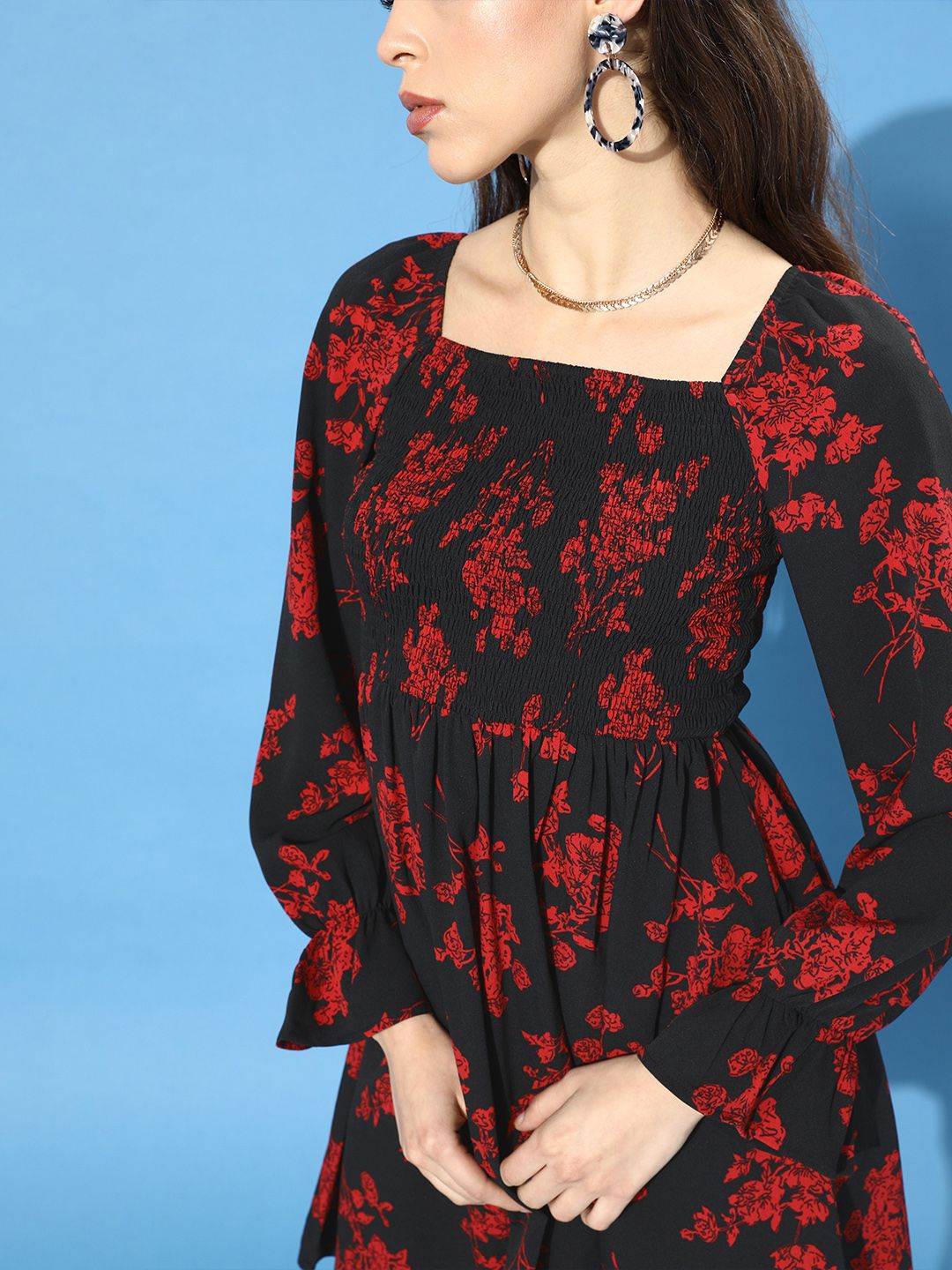 Berrylush Black & Red Floral Crepe A-Line Midi Dress