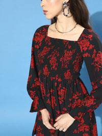 Berrylush Black & Red Floral Crepe A-Line Midi Dress