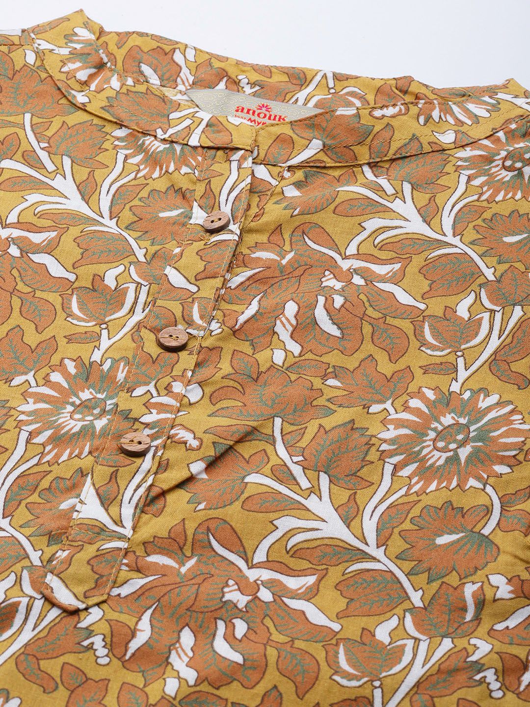Anouk Women Olive Green & Mustard Yellow Pure Cotton Ethnic Motifs Printed Kurta
