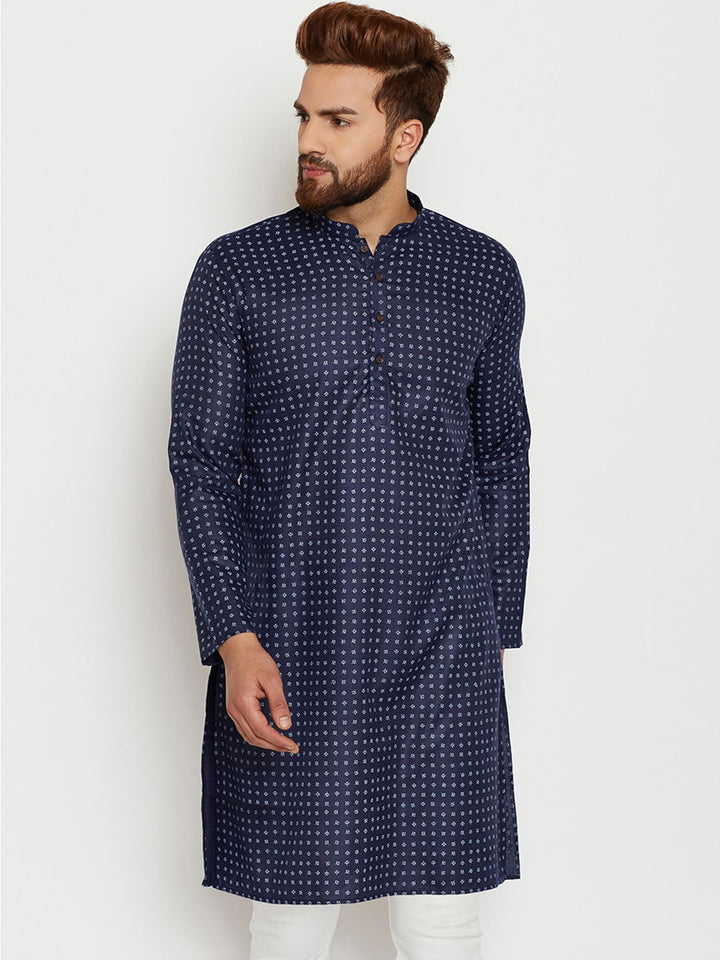 SOJANYA Lelaki Navy Blue & Off-White Printed Straight Kurta