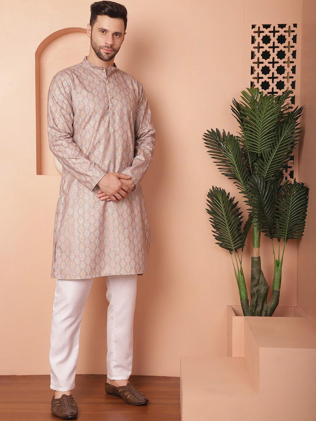 Jompers Floral Foil Printed Mandarin Collar Straight Kurta With Pajamas