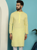 SOJANYA Striped Embroidered Thread Work Mandarin Collar Pure Cotton Straight Kurta