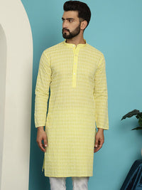 SOJANYA Striped Embroidered Thread Work Mandarin Collar Pure Cotton Straight Kurta