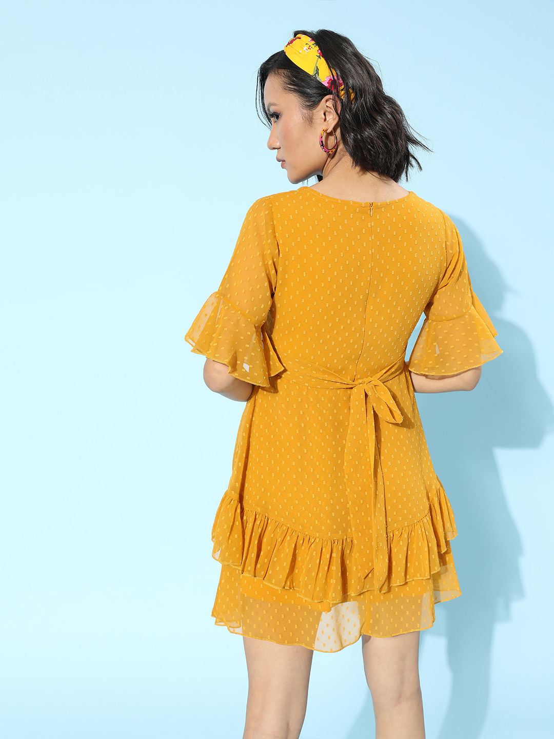 Berrylush Women Stylish Mustard Self-Design Feminine Frills Dress