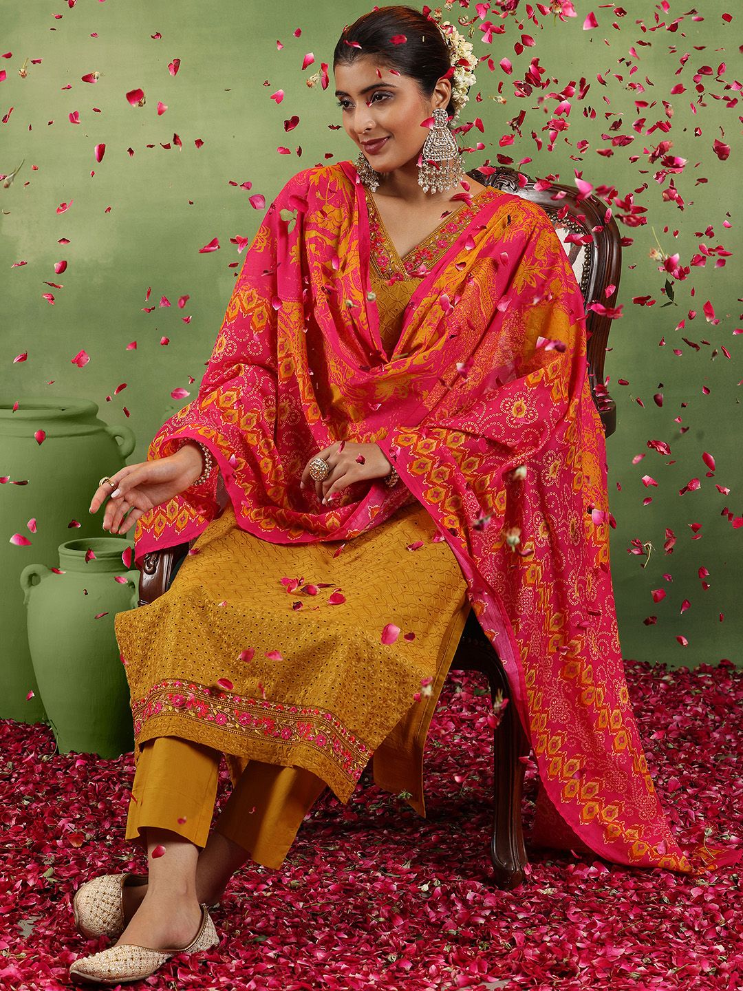 Libas Mustrad Yellow Floral Embroidered Schiffli Cotton Kurta With Trousers & Dupatta