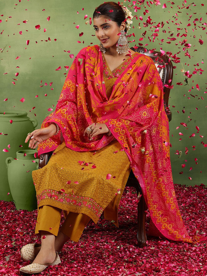 Libas Mustrad Yellow Floral Embroidered Schiffli Cotton Kurta With Trousers & Dupatta