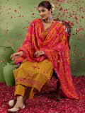 Libas Mustrad Yellow Floral Embroidered Schiffli Cotton Kurta With Trousers & Dupatta