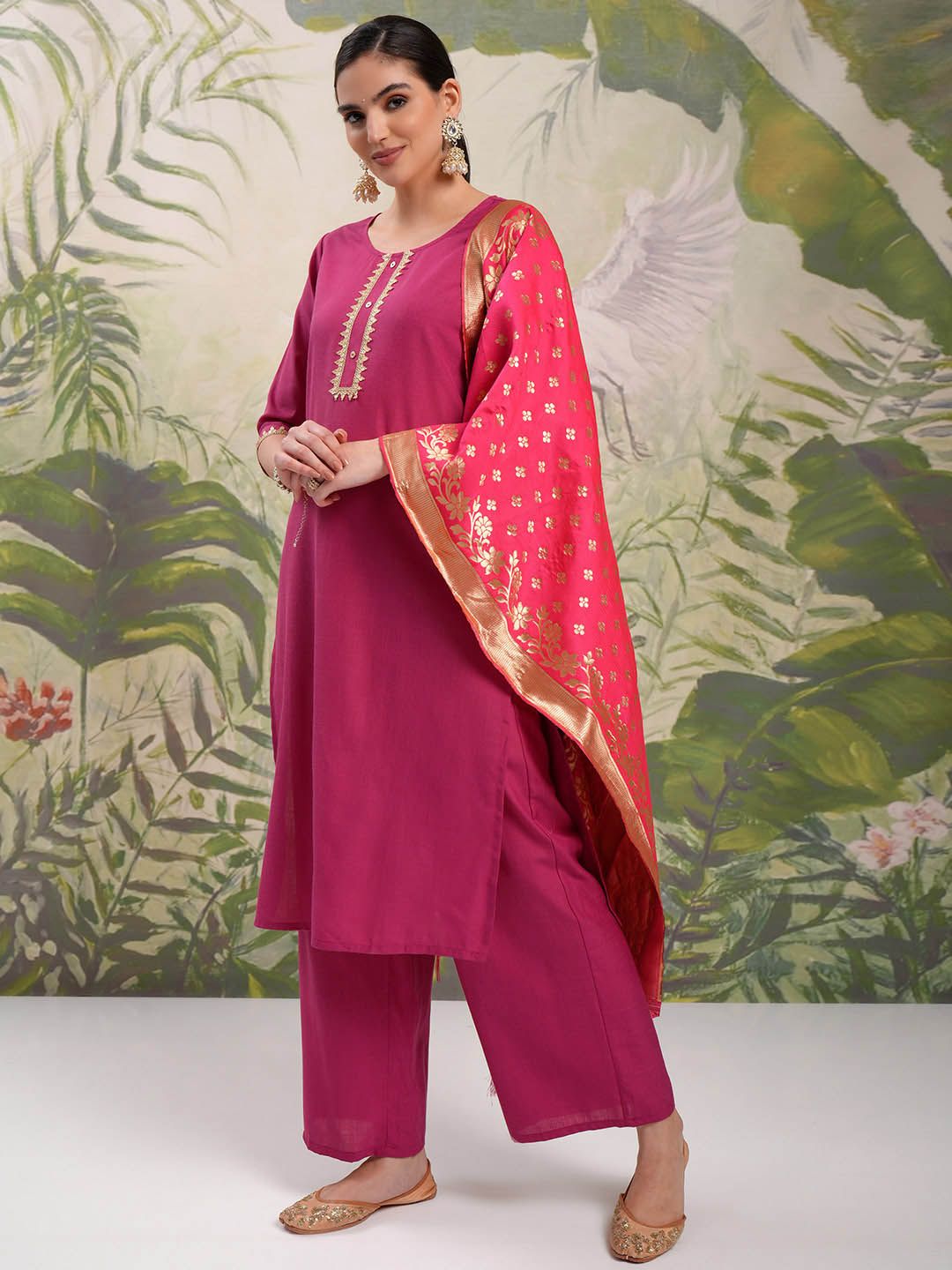 Vishudh Pink Vishudh Round Neck Embellished Straight Kurta & Palazzos With Dupatta