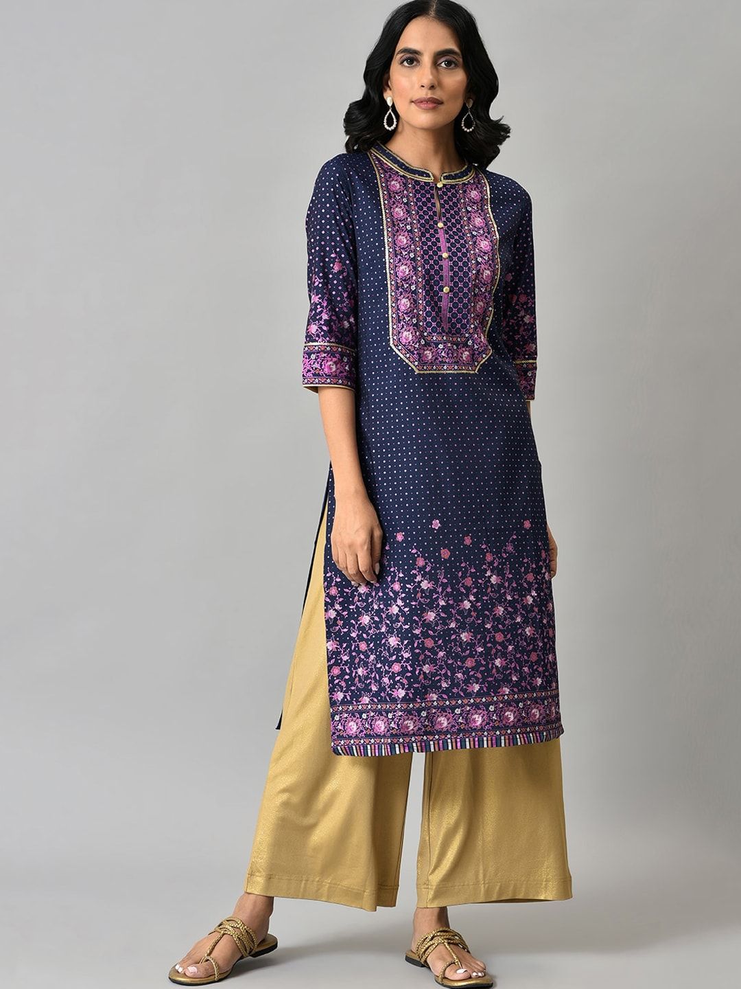 AURELIA Women Navy Blue Floral Printed Straight Fit Kurta