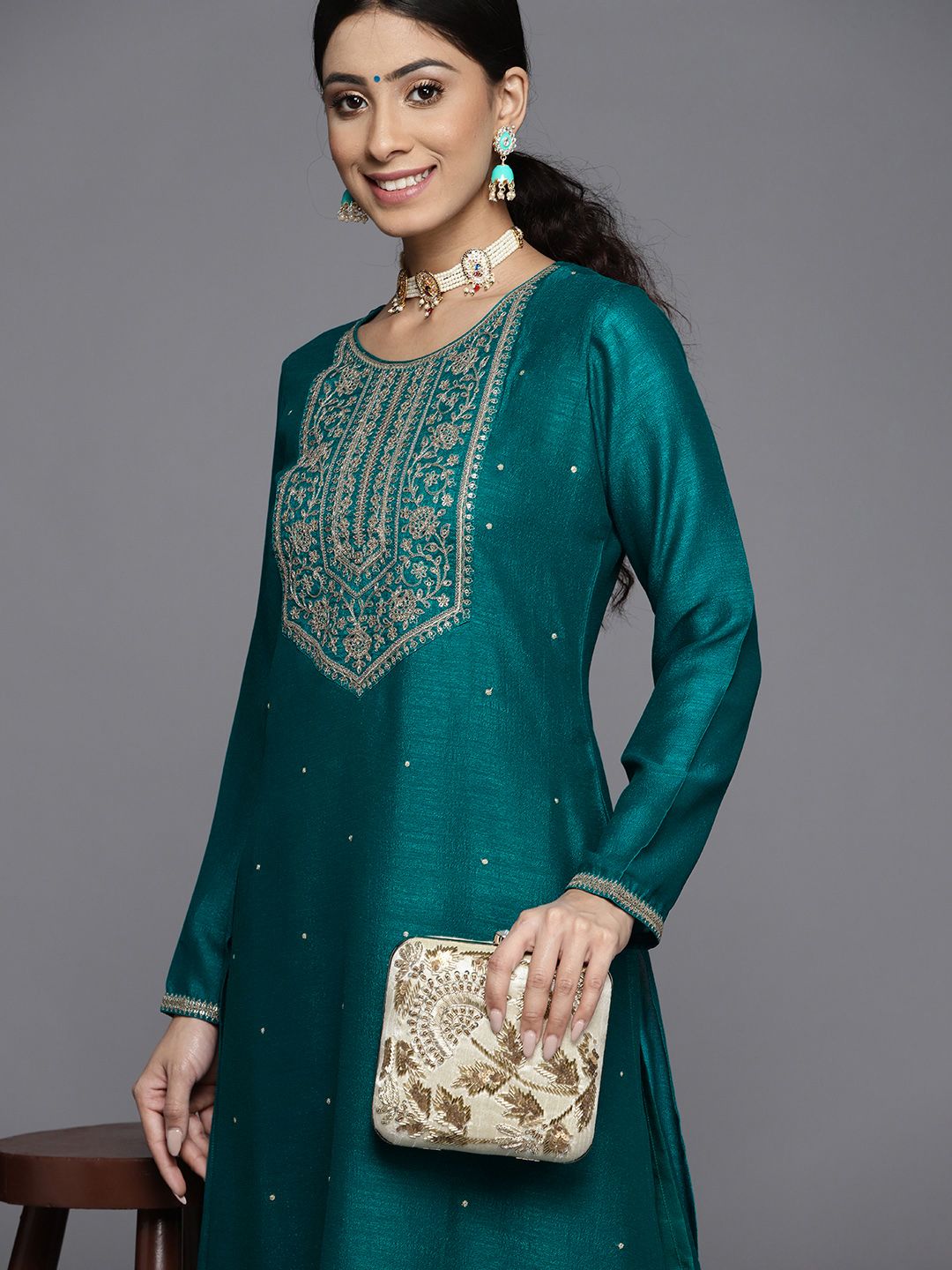 Libas Women Teal Blue & Golden Yoke Design Kurta