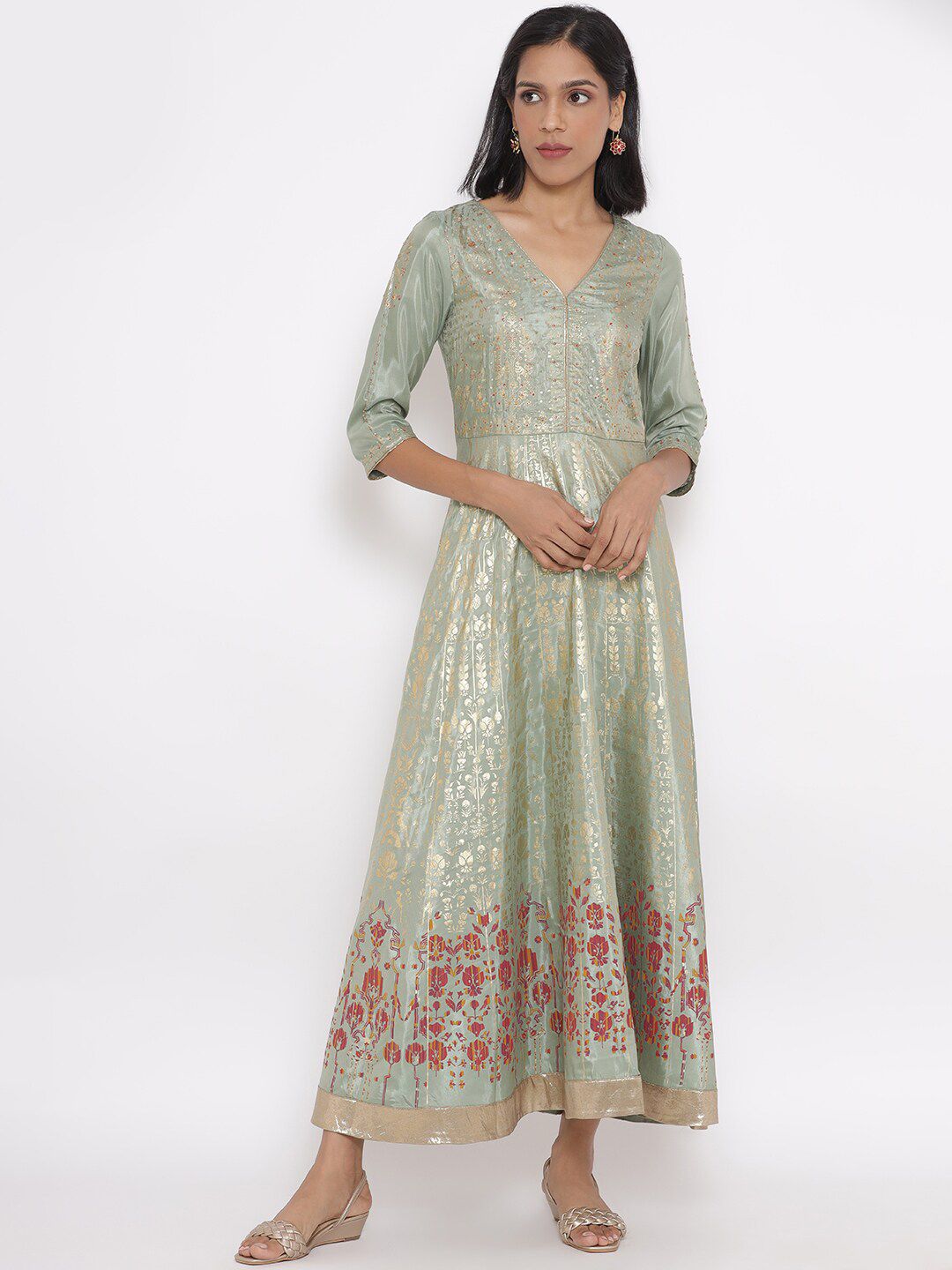 W Green Ethnic Motifs Ethnic Maxi Dress