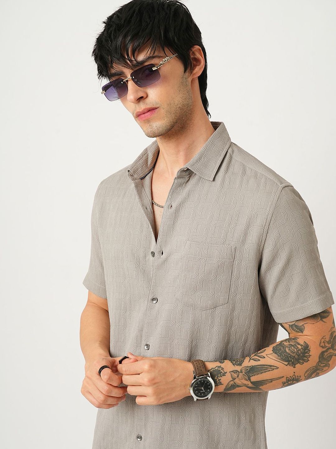 VASTRADO Men Classic Spread Collar Textured Slim Fit Casual Shirt