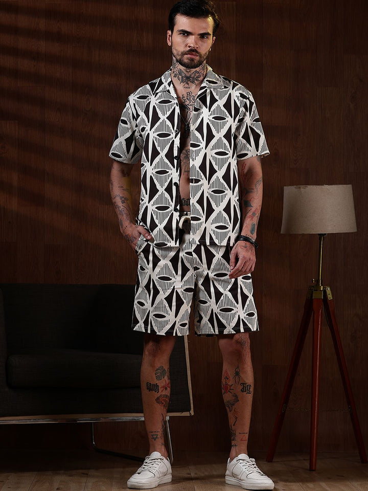 Eszett Geometric Printed Spread Collar Pure Cotton Shirt With Shorts Co-Ord Set
