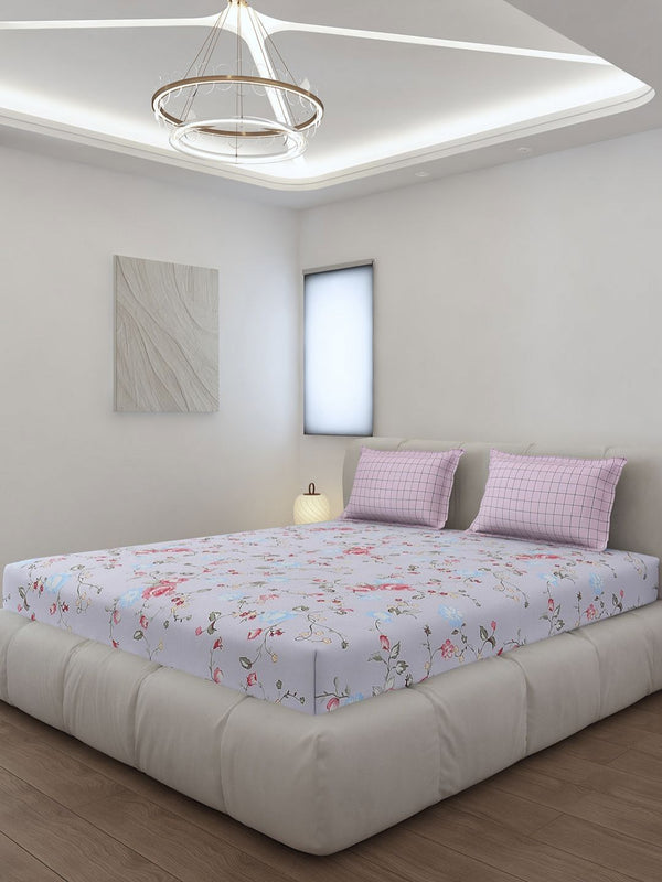 Monte Carlo Edmond Blue & Pink Floral Printed 144 TC King Bedsheet Set 2.70 m x 2.70 m