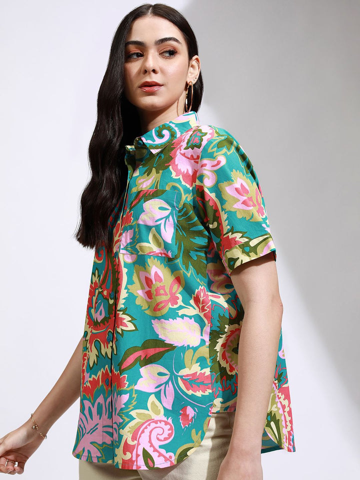 Tokyo Talkies Women Mui Printed Button Down Half Slleve Shirt
