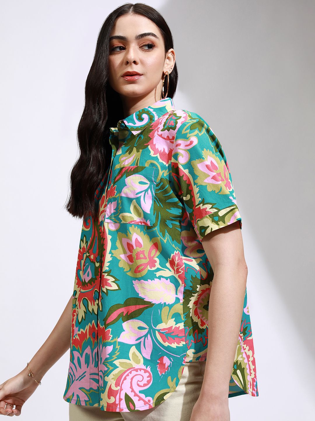 Tokyo Talkies Women Mui Printed Button Down Half Slleve Shirt