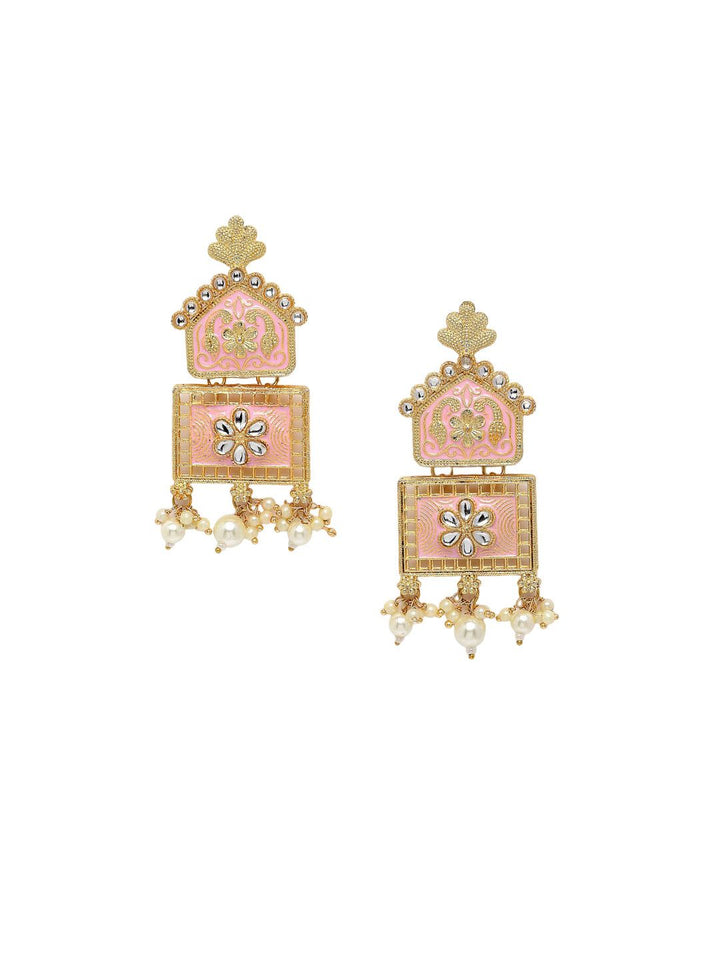Anouk Pink & White Gold Plated Kundan Stone Studted & Beaded Square Drop Earrings