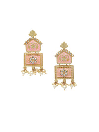 Anouk Pink & White Gold Plated Kundan Stone Studted & Beaded Square Drop Earrings