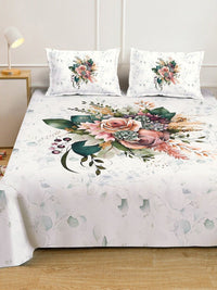 KLOTTHE White Floral Printed Flat 400 TC Double King 7D Cadar Dengan 2 Sarung Bantal