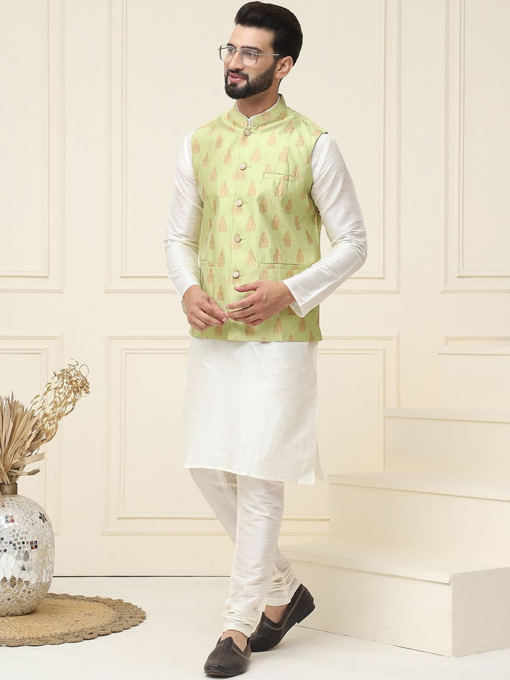 SOJANYA Mandarin Collar Silk Cotton Straight Kurta with Churidar & Nehru jacket