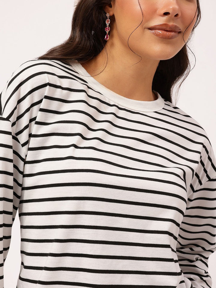 DressBerry Monochrome Whimsy Drop-Shoulder Sleeves Striped T-shirt