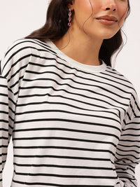 DressBerry Monochrome Whimsy Drop-Shoulder Sleeves Striped T-shirt