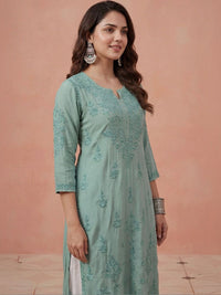 House of Chikankari Solid Green Embroidered Modal Pockets Kurta