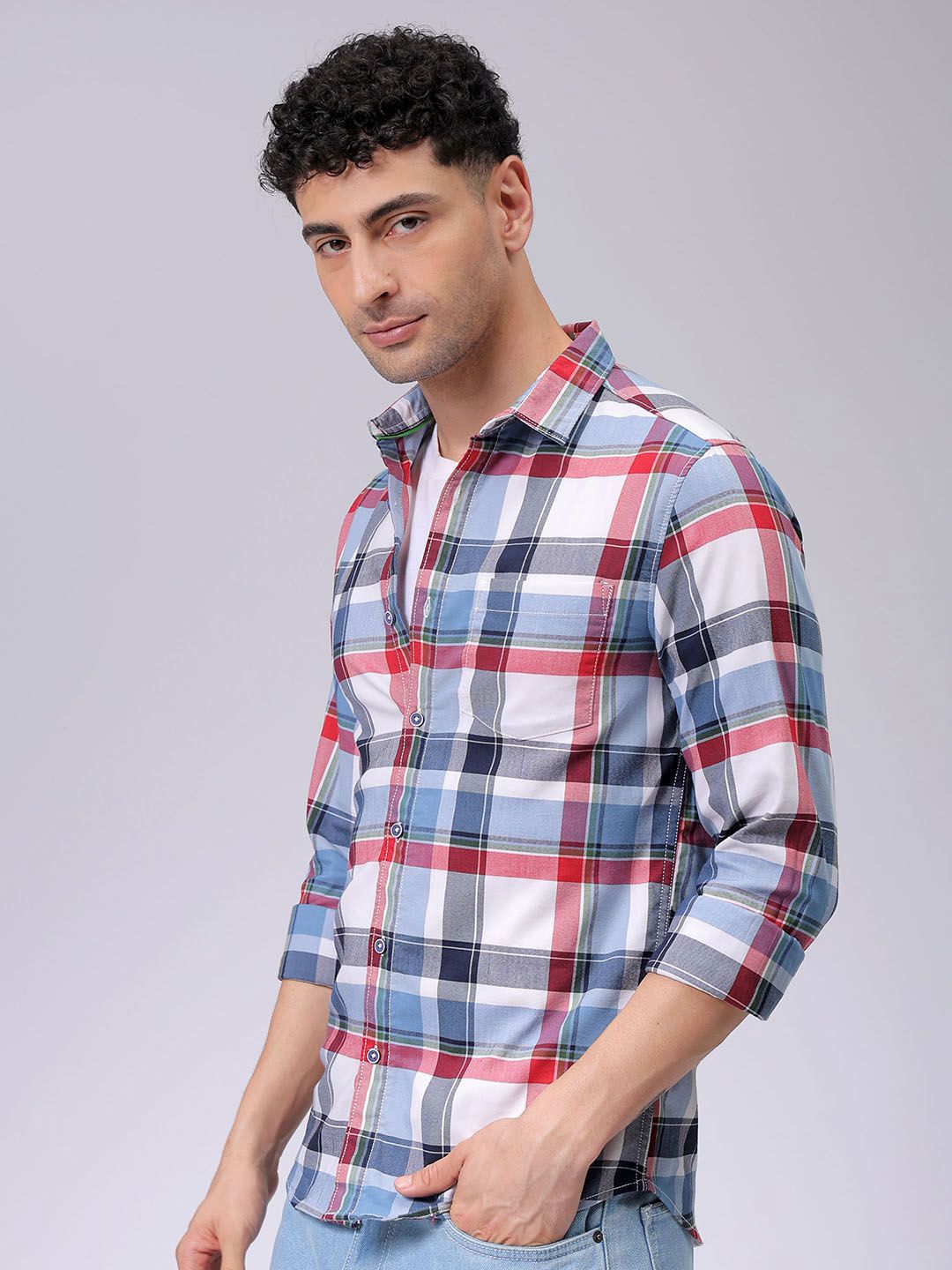 The Indian Garage Co Men Spread Collar Tartan Checked Cotton Slim Fit Casual Shirt