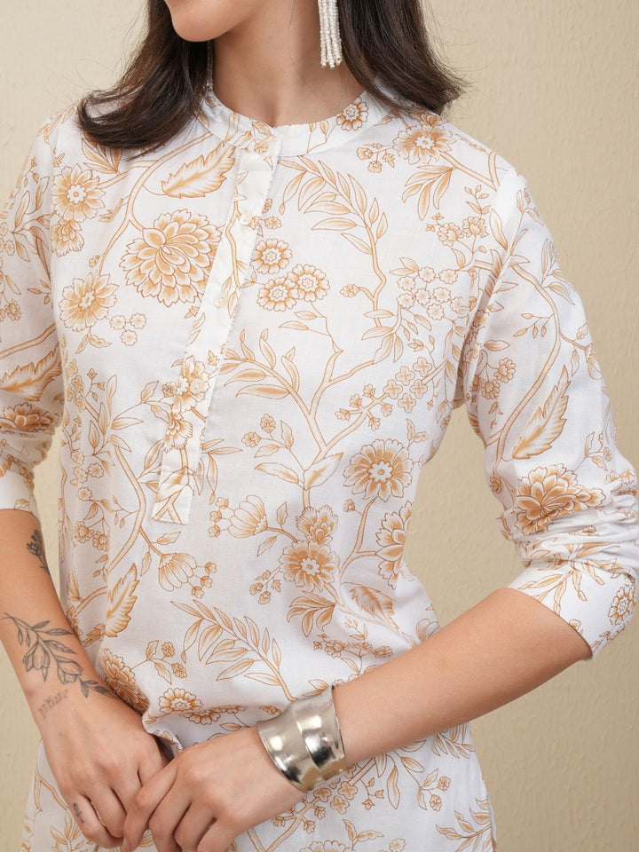 Vishudh White & Beige Floral Printed Pure Cotton Tunic With Trousers