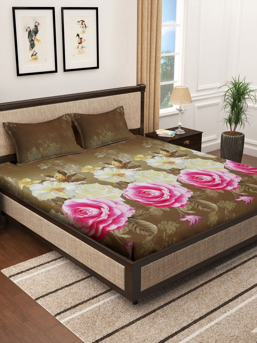 Myntra Elegant Homes Lounge Bulu Coklat Bunga Kapas 300 TC King Cadar Halus dengan 2 Sarung Bantal-250 x 220 sm