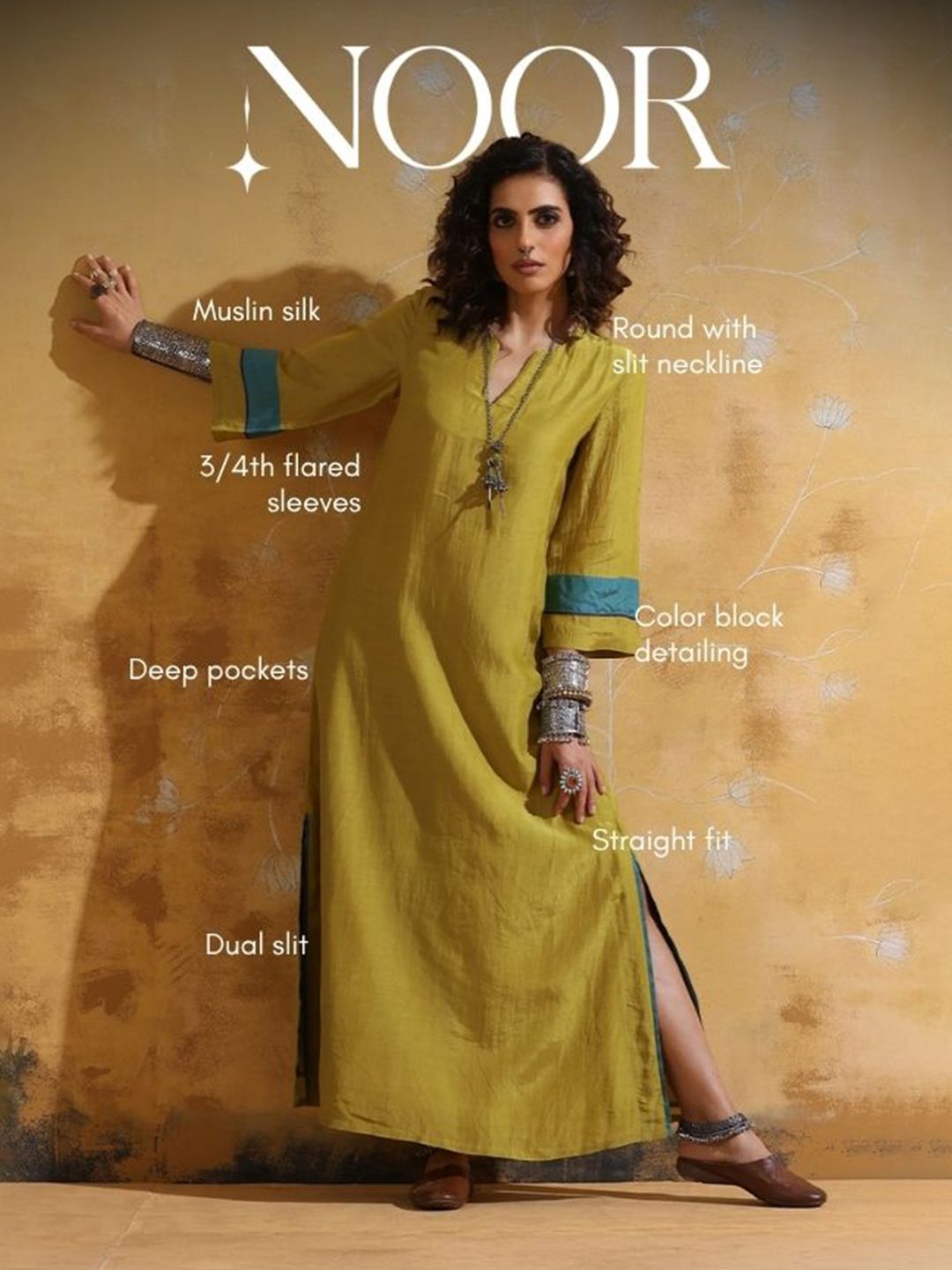 trueBrowns Women Lime Muslin Silk Straight Maxi Dress