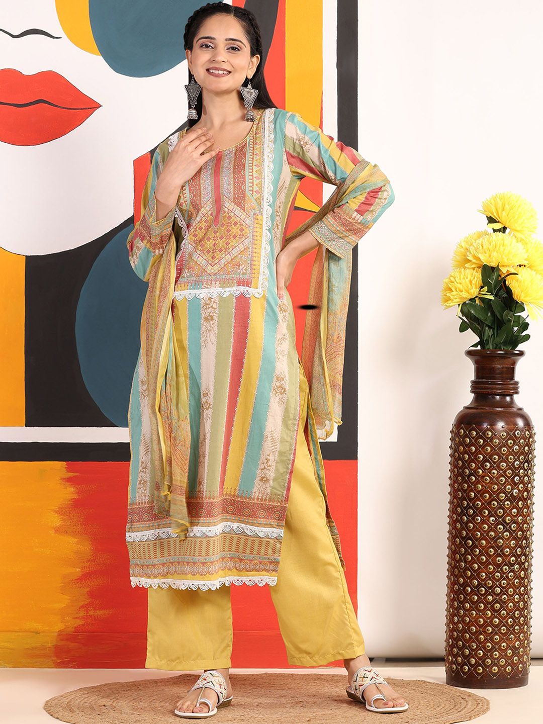 Mamicha Wanita Bercetak Kurta Kapas Tulen Biasa dengan Palazzos & Dengan Dupatta