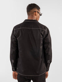 Eszett Contrast Stitch Spread Collar Baju Lengan Panjang Kapas Tulen