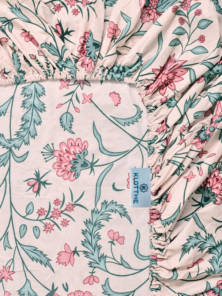 KLOTTHE Beige & Pink Printed 300 TC Double Bedsheet With 2 Pillow Covers- 2.5 m x 2.25 m