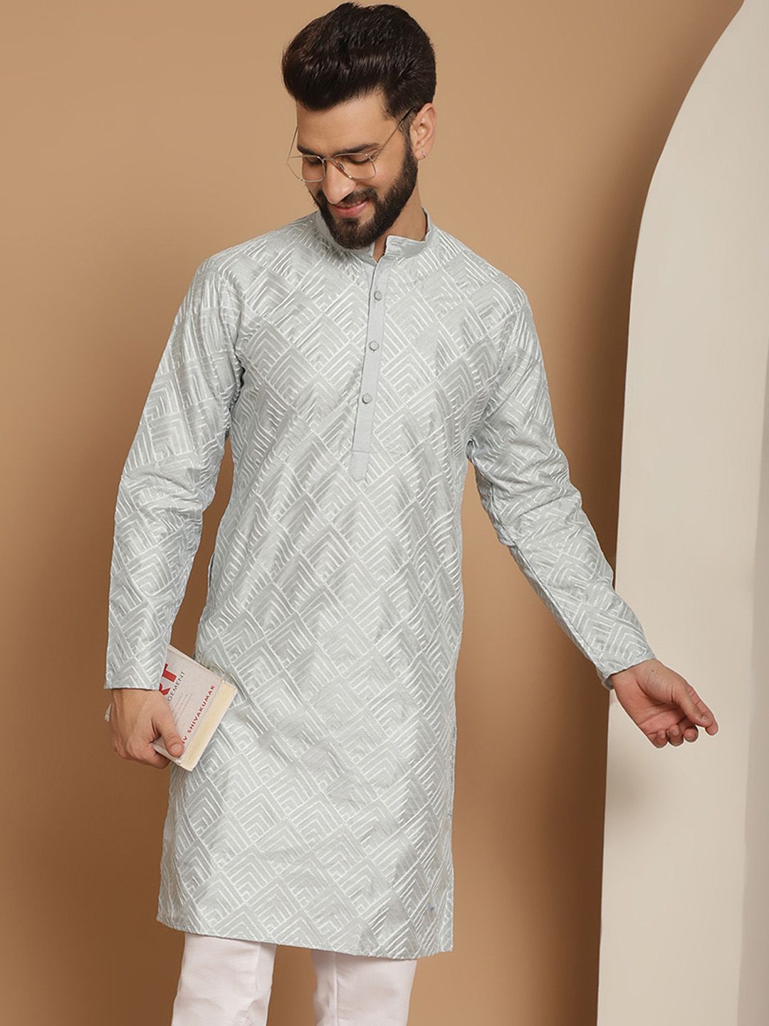 Anouk Men Grey Geometric Gotta Patti Kurta