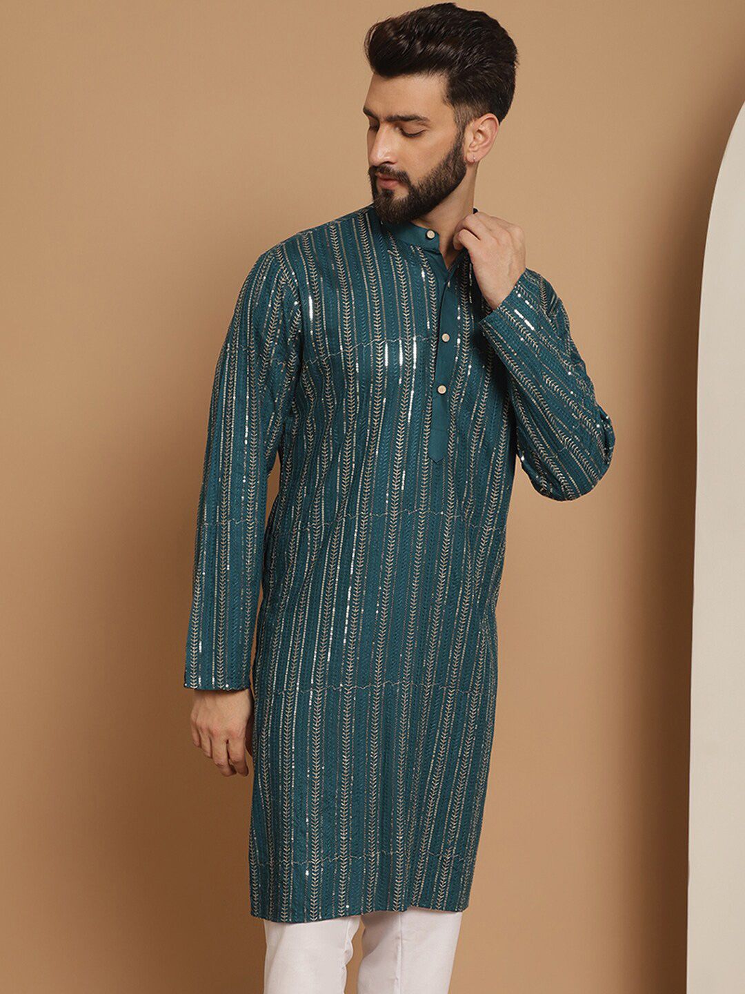 Anouk Teal Striped Band Collar Sequinned Detailed Cotton Straight Kurta