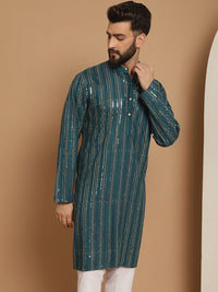 Anouk Teal Striped Band Collar Sequinned Detailed Cotton Straight Kurta