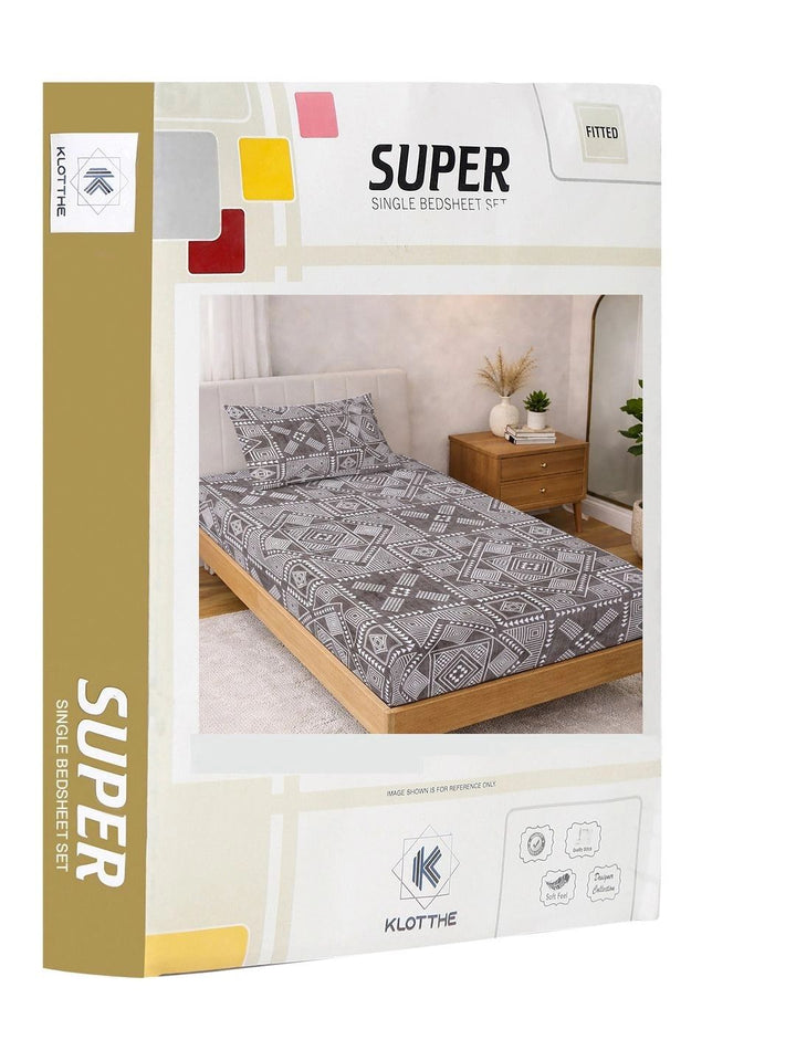 KLOTTHE Brown & White Geometric Fitted 300 TC Single Bedsheet with 1 Pillow Cover