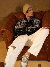 DENNISON Men Double Pocket Drop Shoulder Oversized Cotton Checked Shacket