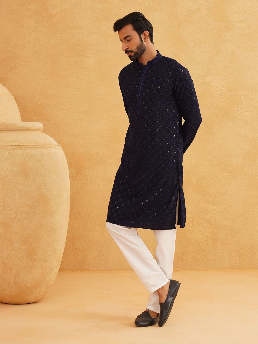 SOJANYA Ethnic Motifs Embroidered Mandarin Collar Sequinned Pure Cotton Straight Kurta