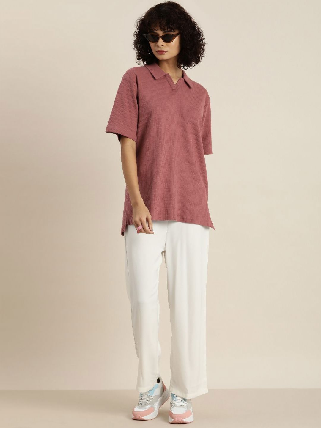 DILLINGER Women Solid Polo Collar Cotton Oversized T-Shirt