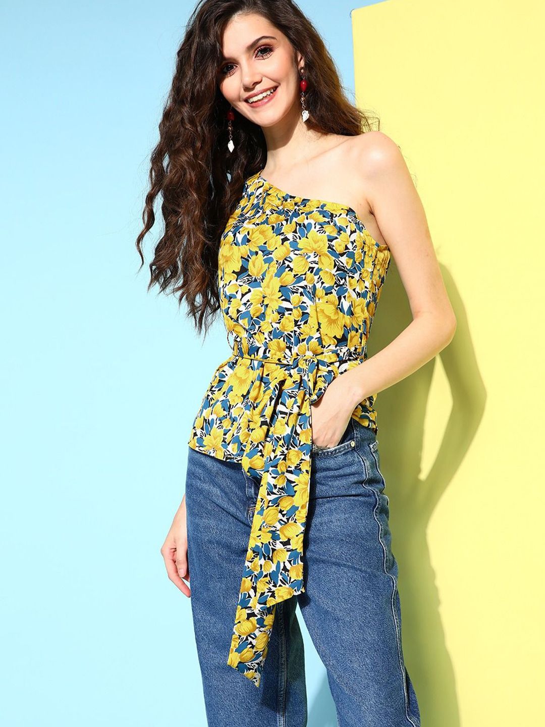 Berrylush Floral Print One Shoulder Puff Sleeve Peplum Top