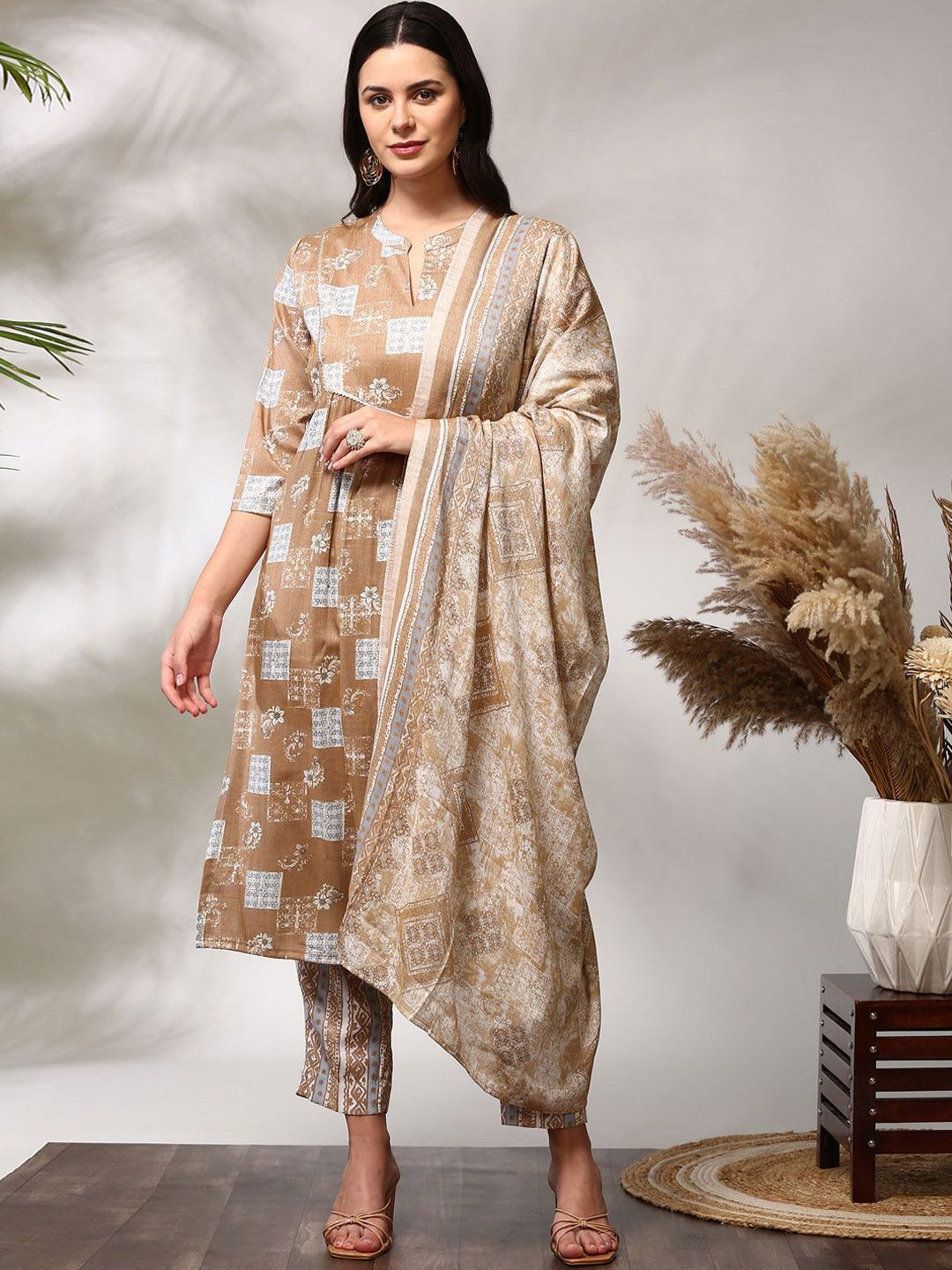 Anouk Floral Printed Regular Straight Kurta with Trousers & Dupatta