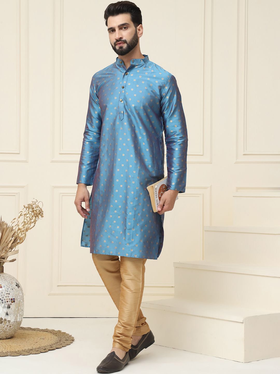 SOJANYA Geometric Woven Design Mandarin Collar Kurta With Churidar & Nehru jacket